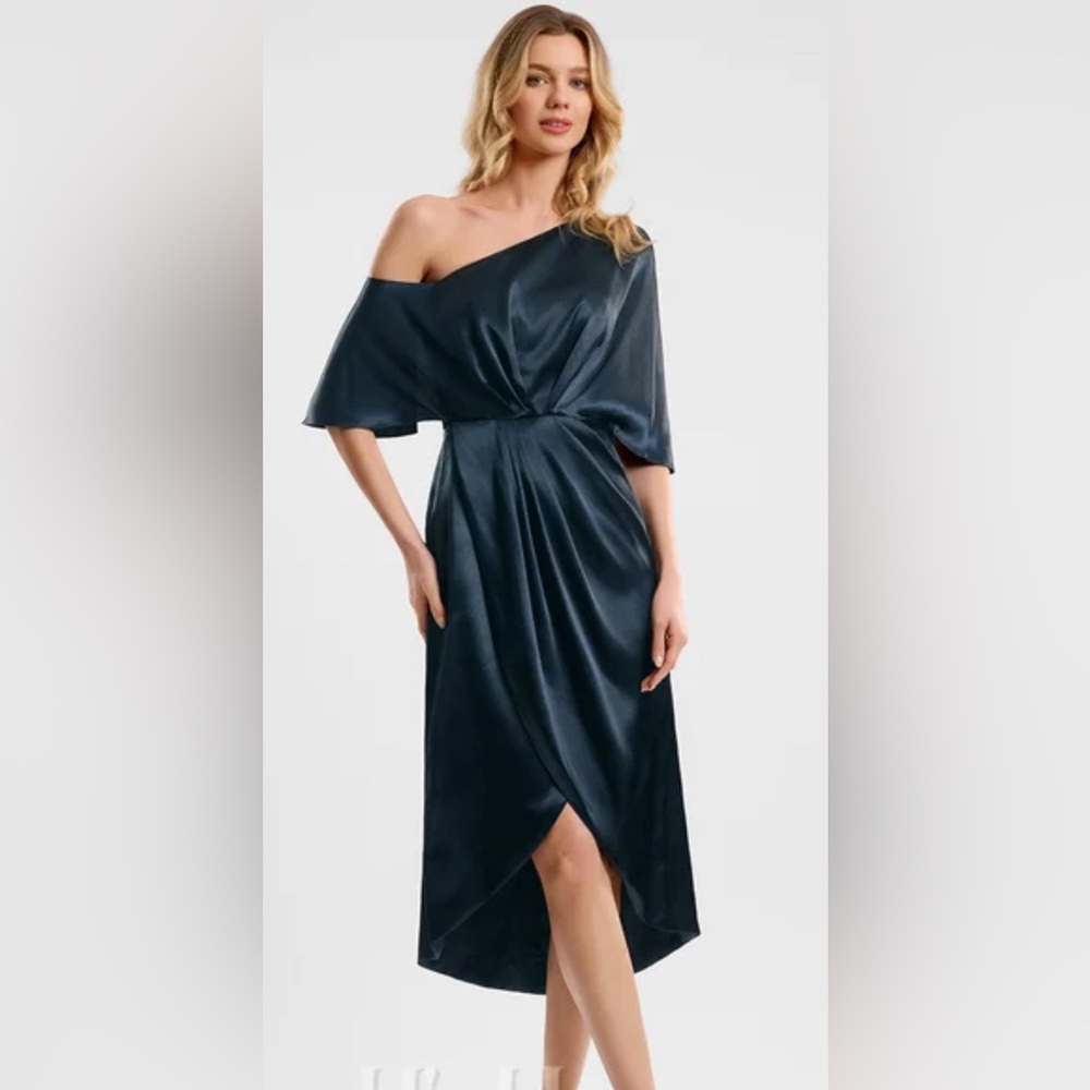Navy silky mid length one shoulder formal dress